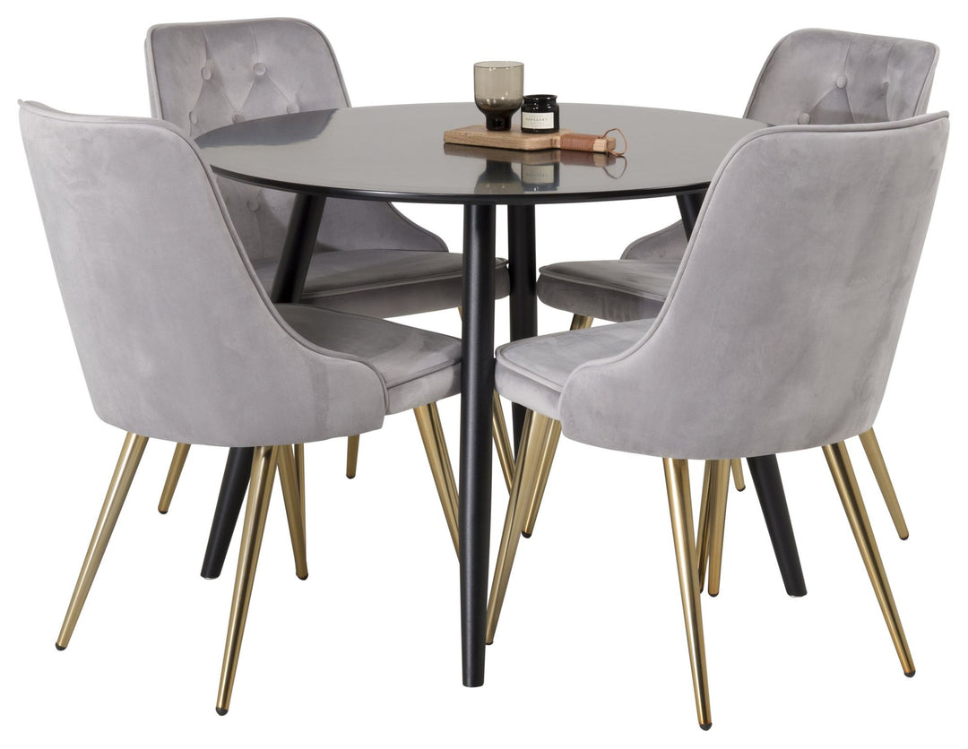 Venture Home Plaza Runt Matbord - Svart / Svart - ø100*H75 +Velvet Deluxe Dining Chair - Brushed brass leg / Light Grey  Velvet _4