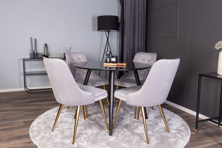 Venture Home Plaza Runt Matbord - Svart / Svart - ø100*H75 +Velvet Deluxe Dining Chair - Brushed brass leg / Light Grey  Velvet _4
