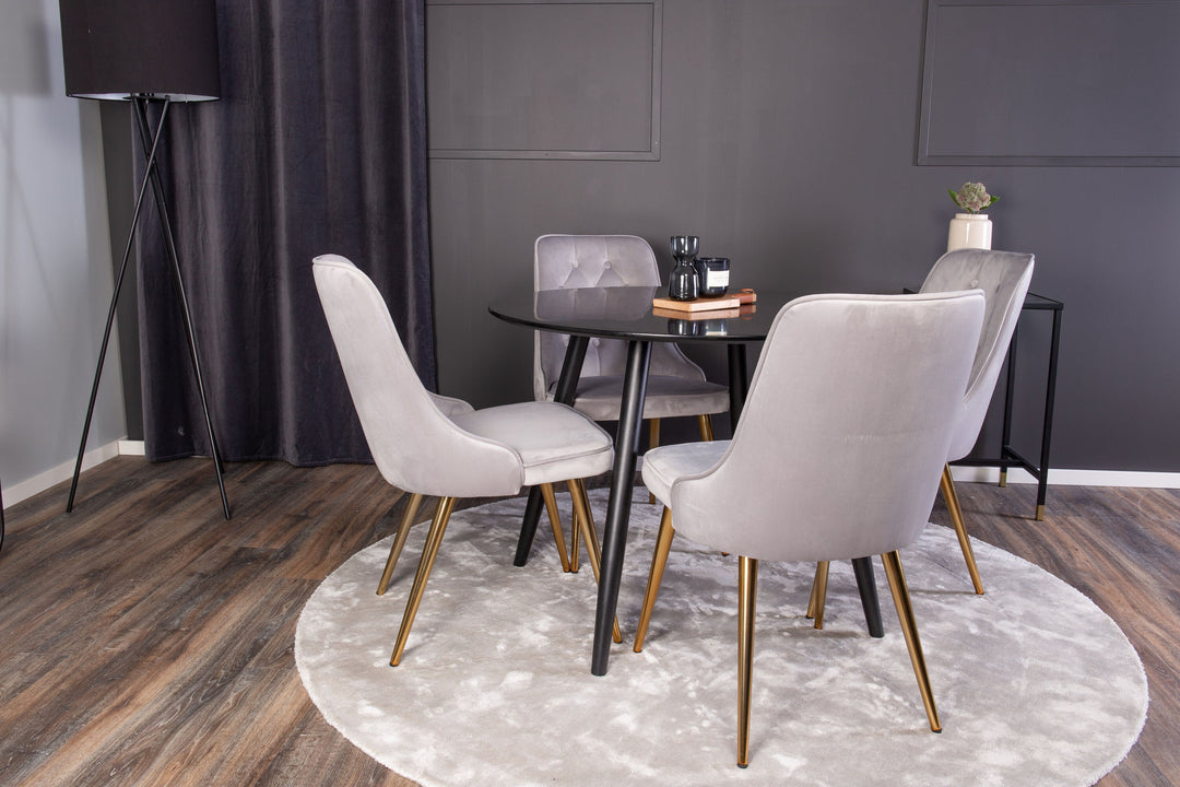 Venture Home Plaza Runt Matbord - Svart / Svart - ø100*H75 +Velvet Deluxe Dining Chair - Brushed brass leg / Light Grey  Velvet _4