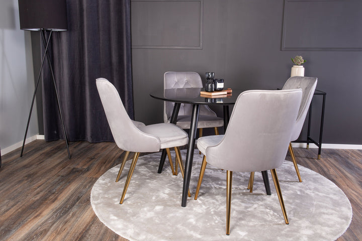 Venture Home Plaza Runt Matbord - Svart / Svart - ø100*H75 +Velvet Deluxe Dining Chair - Brushed brass leg / Light Grey  Velvet _4