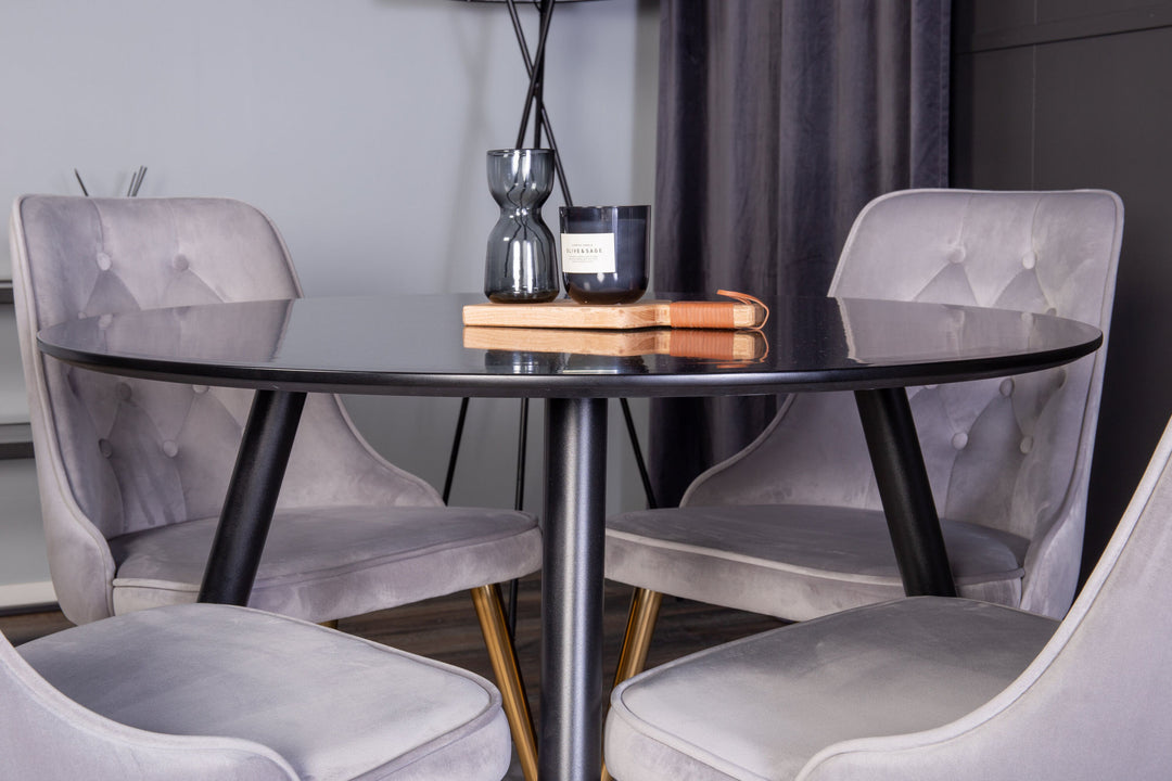 Venture Home Plaza Runt Matbord - Svart / Svart - ø100*H75 +Velvet Deluxe Dining Chair - Brushed brass leg / Light Grey  Velvet _4