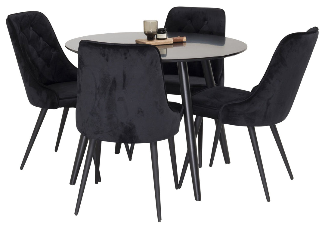 Venture Home Plaza Runt Matbord - Svart / Svart - ø100*H75 +Velvet Deluxe Dining Chair - Black legs  / Black velvet _4