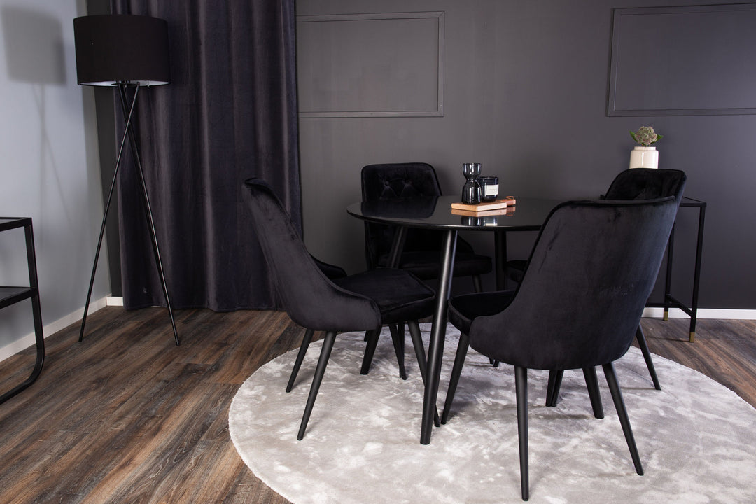 Venture Home Plaza Runt Matbord - Svart / Svart - ø100*H75 +Velvet Deluxe Dining Chair - Black legs  / Black velvet _4