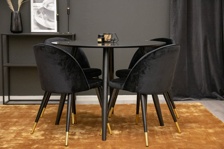 Venture Home Plaza Runt Matbord - Svart / Svart - ø100*H75 +Velvet Dining Chair Brass - Black / Black _4