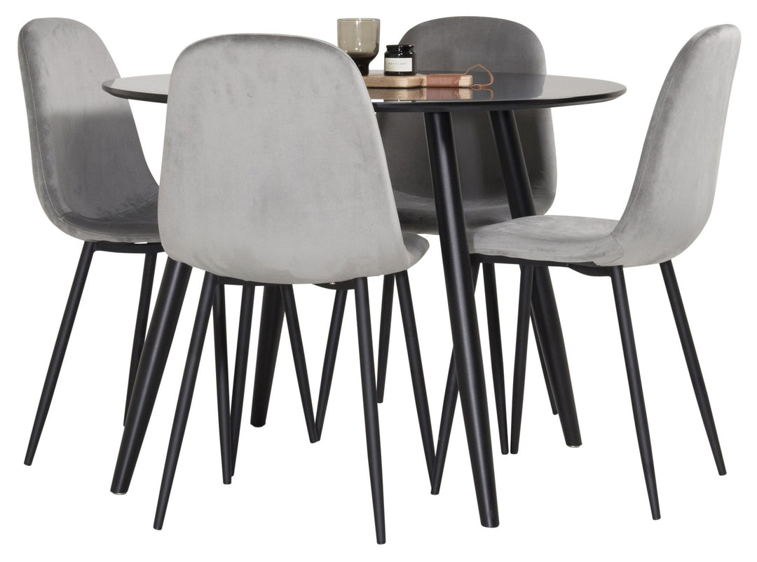 Venture Home Plaza Runt Matbord - Svart / Svart - ø100*H75 +Polar Dining Chair - Black legs / Light Grey  Velvet _4