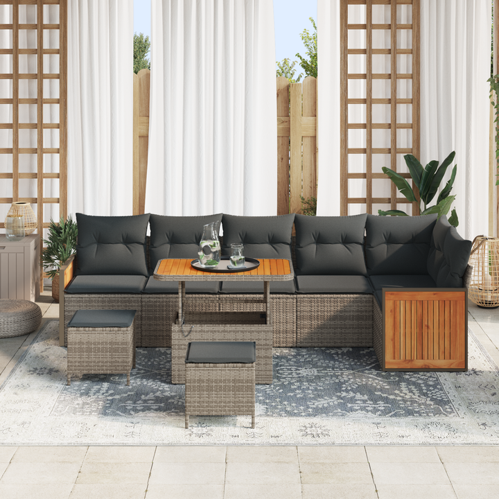 Havesofa Sæt 9 pcs Grå Poly Rattan og pulverlakeret stål