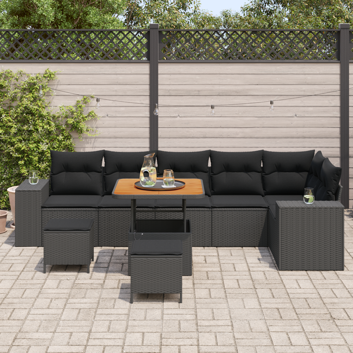 Havesofa Sæt med pude 9 pcs Sort polyrattan