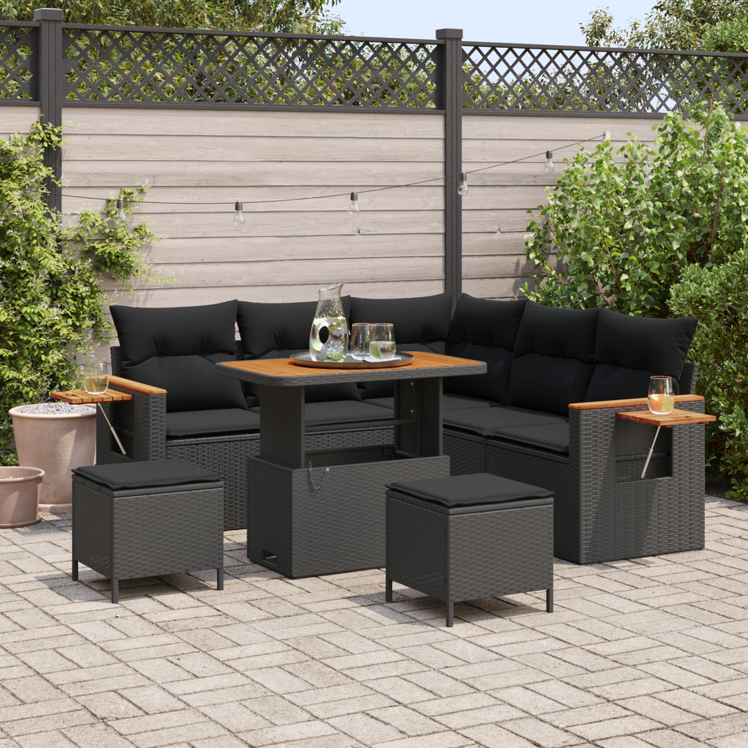 Havesofa Sæt med pude 9 pcs Sort polyrattan