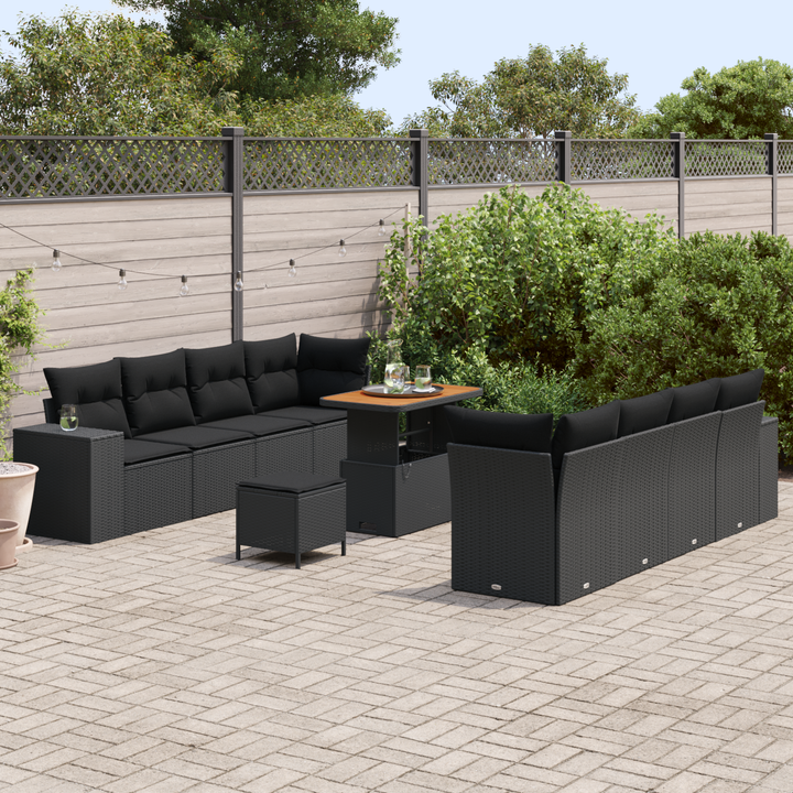 Havesofa Sæt med pude med opbevaring 11 pcs Sort polyrattan