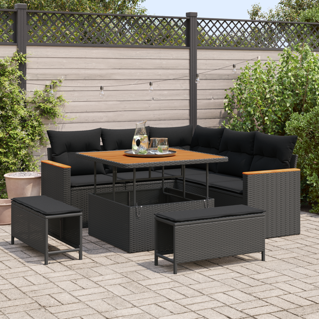 Havesofa Sæt med pude 8 pcs Sort Poly rattan