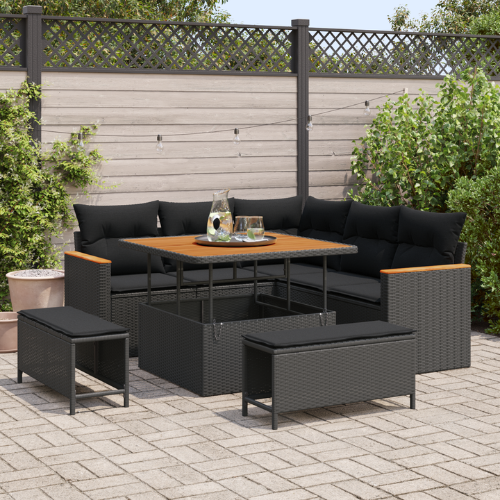 Havesofa Sæt med pude 8 pcs Sort Poly rattan