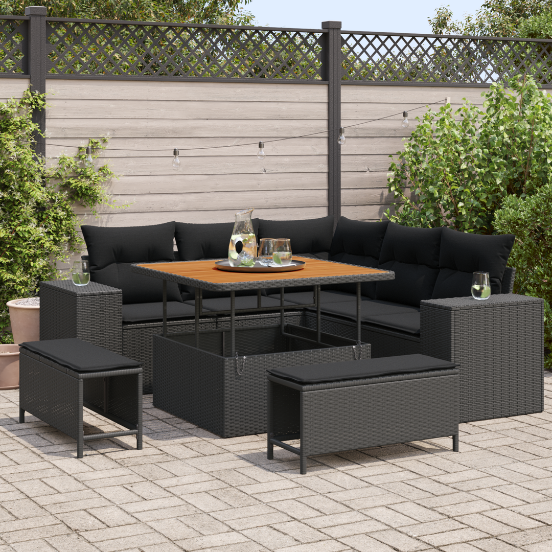 Havesofa Sæt med pude med opbevaring 8 pcs Sort polyrattan