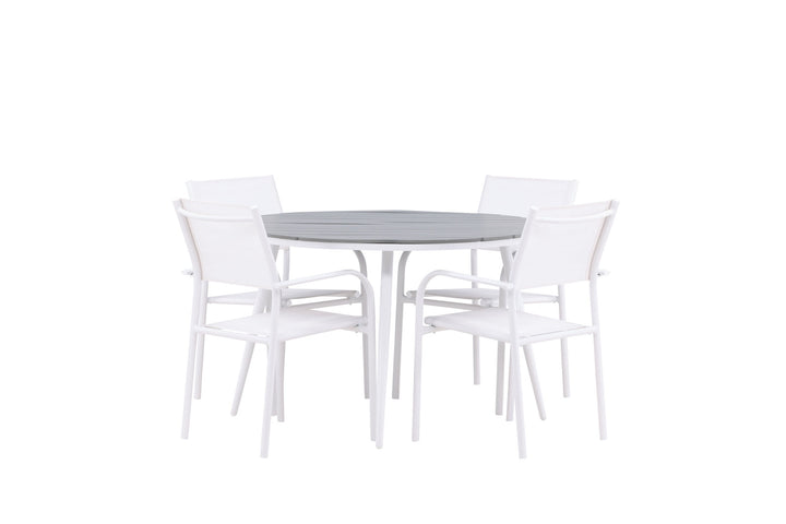 Venture Home Break - Dining Table Round- White / Grey - Alu / Aintwood - 120ø +Santorini Arm Chair (Stackable)  - White Alu / White Textilene _4
