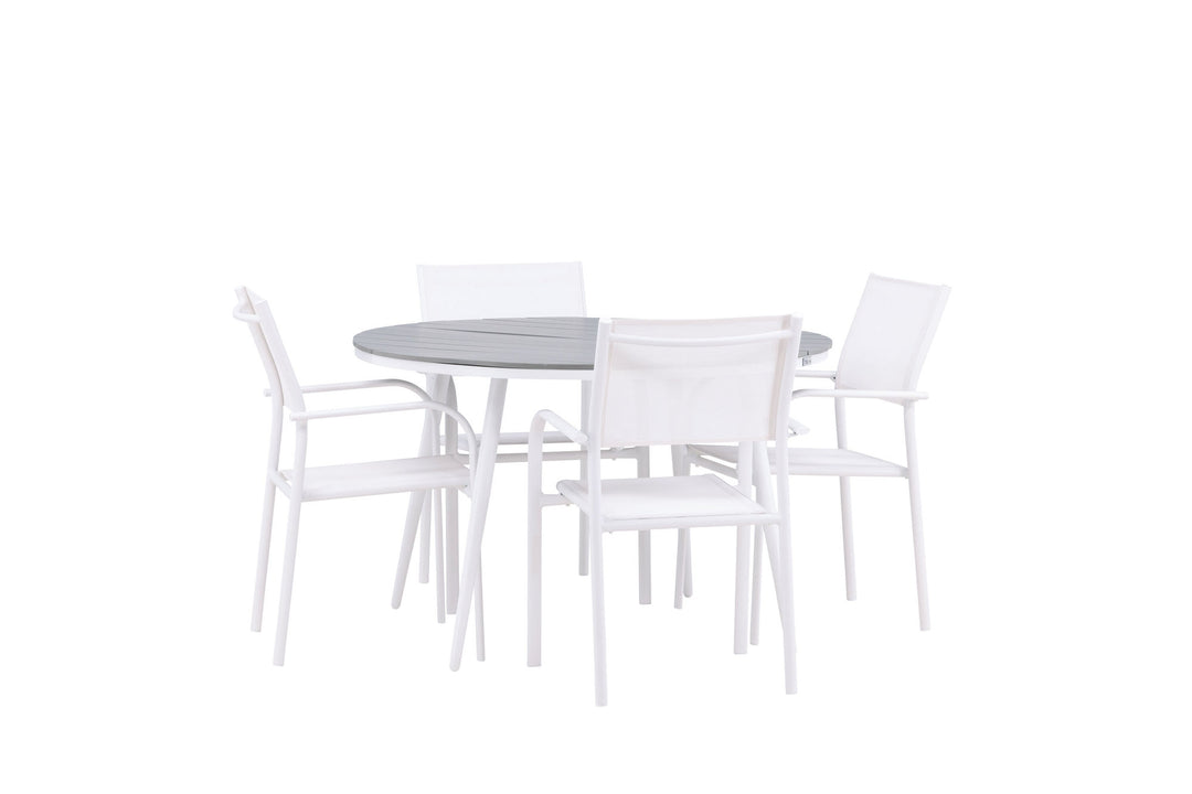 Venture Home Break - Dining Table Round- White / Grey - Alu / Aintwood - 120ø +Santorini Arm Chair (Stackable)  - White Alu / White Textilene _4