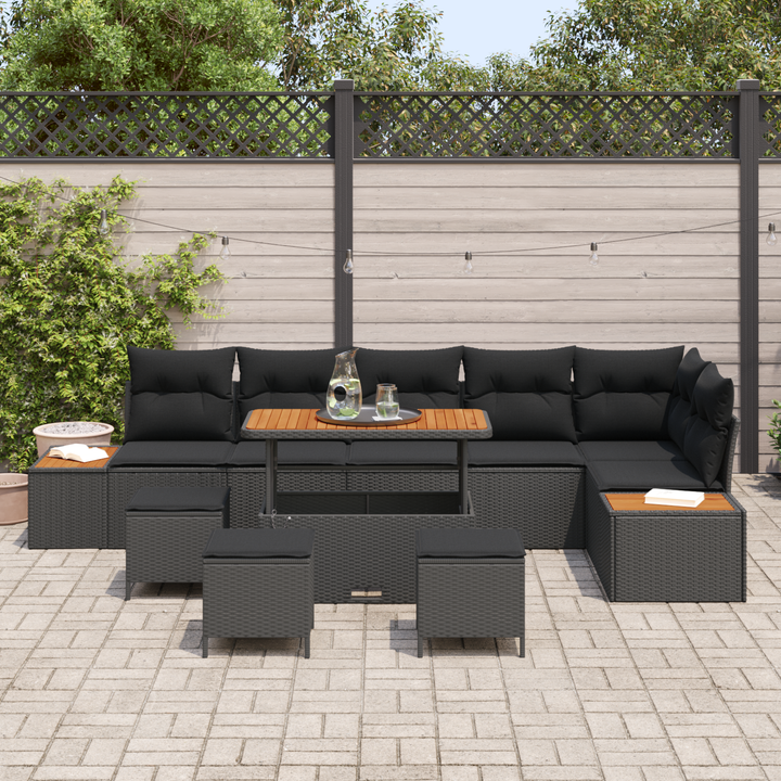 Havesofa Sæt 10 pcs Sort Poly Rattan og Pulverlakeret Stål