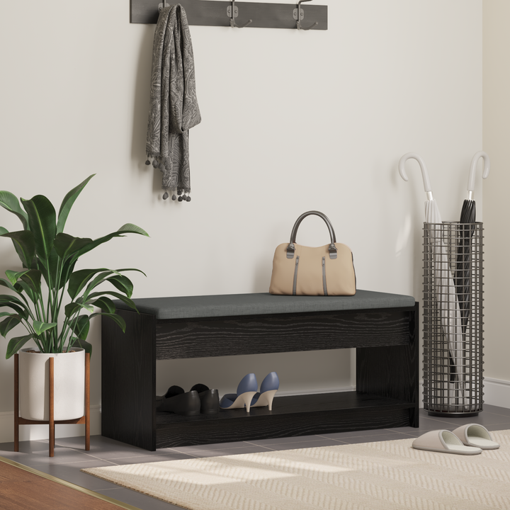 Hallbænk med pude Sort Eg 103 x 38 x 45 cm Kunstigt træ og stof