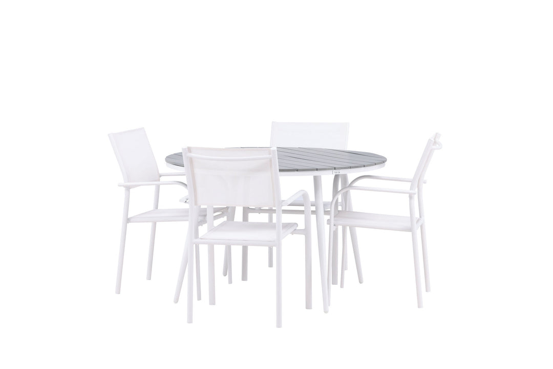 Venture Home Break - Dining Table Round- White / Grey - Alu / Aintwood - 120ø +Santorini Arm Chair (Stackable)  - White Alu / White Textilene _4