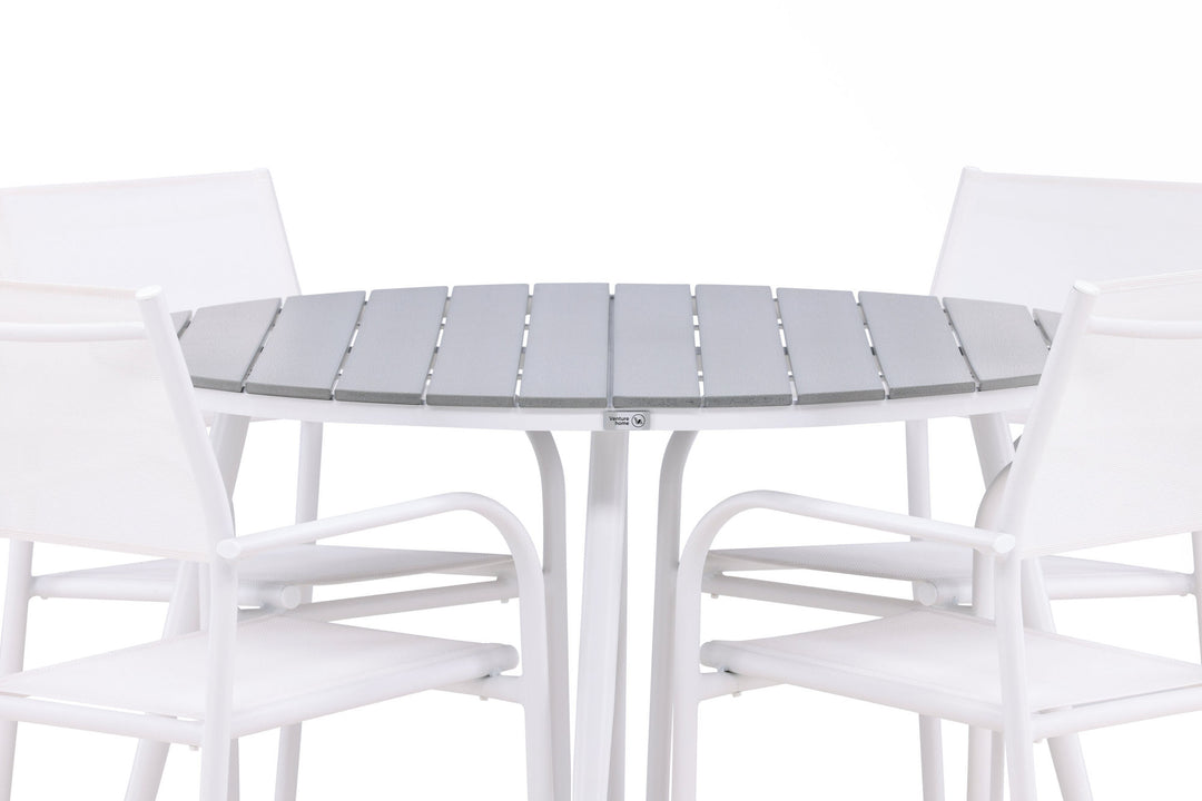 Venture Home Break - Dining Table Round- White / Grey - Alu / Aintwood - 120ø +Santorini Arm Chair (Stackable)  - White Alu / White Textilene _4