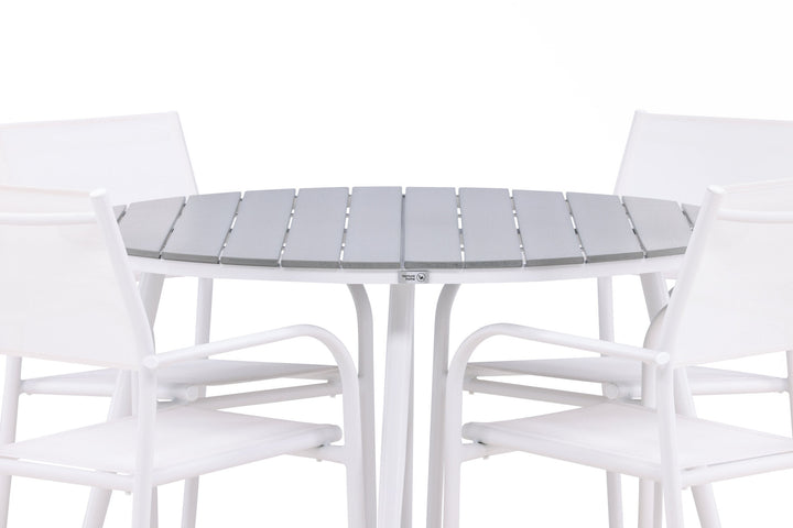 Venture Home Break - Dining Table Round- White / Grey - Alu / Aintwood - 120ø +Santorini Arm Chair (Stackable)  - White Alu / White Textilene _4