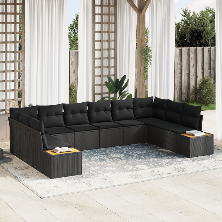 Havesofa Sæt med pude med opbevaring 10 pcs Sort Polyrattan