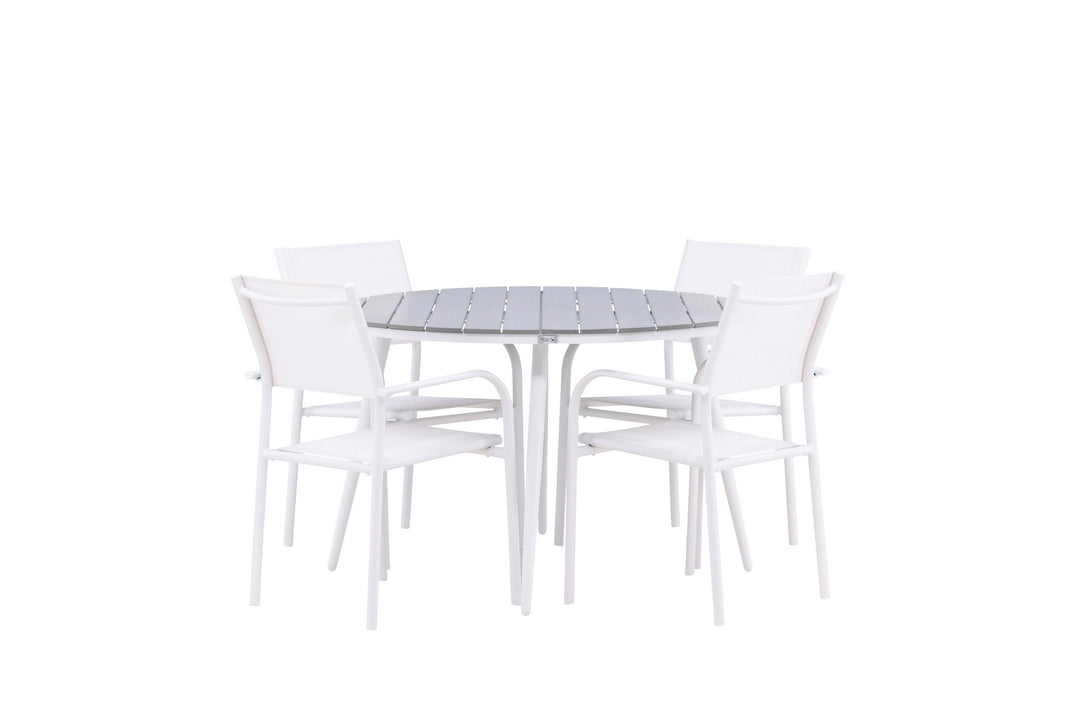 Venture Home Break - Dining Table Round- White / Grey - Alu / Aintwood - 120ø +Santorini Arm Chair (Stackable)  - White Alu / White Textilene _4