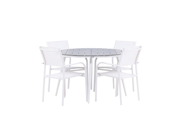 Venture Home Break - Dining Table Round- White / Grey - Alu / Aintwood - 120ø +Santorini Arm Chair (Stackable)  - White Alu / White Textilene _4