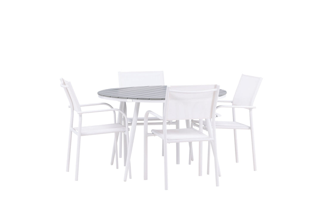 Venture Home Break - Dining Table Round- White / Grey - Alu / Aintwood - 120ø +Santorini Arm Chair (Stackable)  - White Alu / White Textilene _4