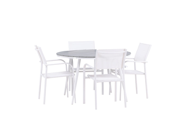 Venture Home Break - Dining Table Round- White / Grey - Alu / Aintwood - 120ø +Santorini Arm Chair (Stackable)  - White Alu / White Textilene _4