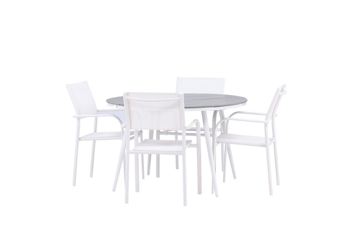 Venture Home Break - Dining Table Round- White / Grey - Alu / Aintwood - 120ø +Santorini Arm Chair (Stackable)  - White Alu / White Textilene _4