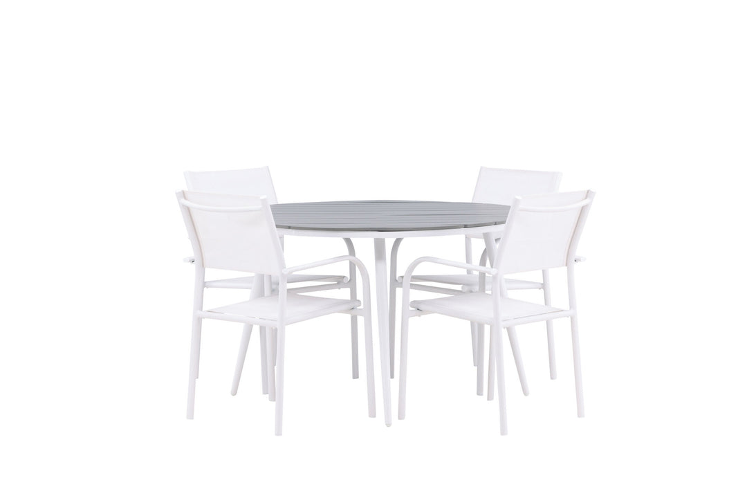 Venture Home Break - Dining Table Round- White / Grey - Alu / Aintwood - 120ø +Santorini Arm Chair (Stackable)  - White Alu / White Textilene _4