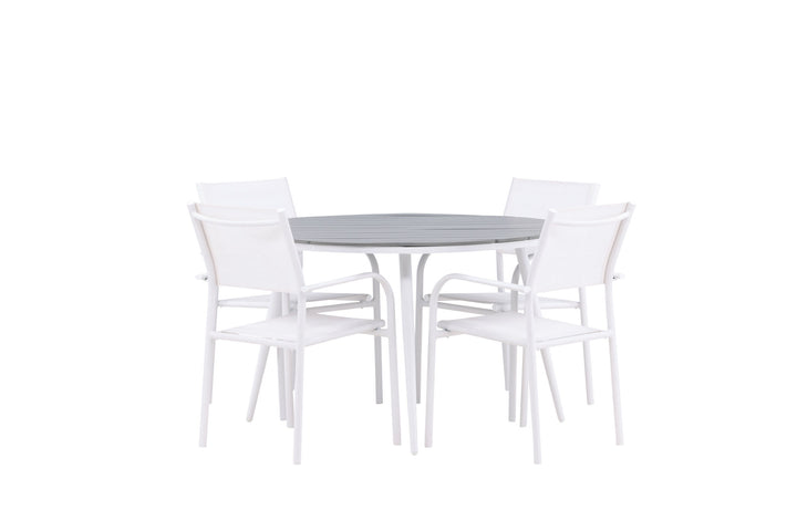 Venture Home Break - Dining Table Round- White / Grey - Alu / Aintwood - 120ø +Santorini Arm Chair (Stackable)  - White Alu / White Textilene _4