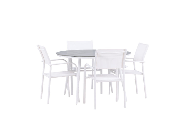 Venture Home Break - Dining Table Round- White / Grey - Alu / Aintwood - 120ø +Santorini Arm Chair (Stackable)  - White Alu / White Textilene _4