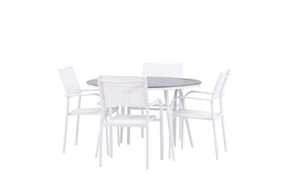 Venture Home Break - Dining Table Round- White / Grey - Alu / Aintwood - 120ø +Santorini Arm Chair (Stackable)  - White Alu / White Textilene _4