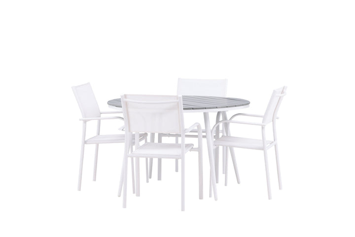 Venture Home Break - Dining Table Round- White / Grey - Alu / Aintwood - 120ø +Santorini Arm Chair (Stackable)  - White Alu / White Textilene _4