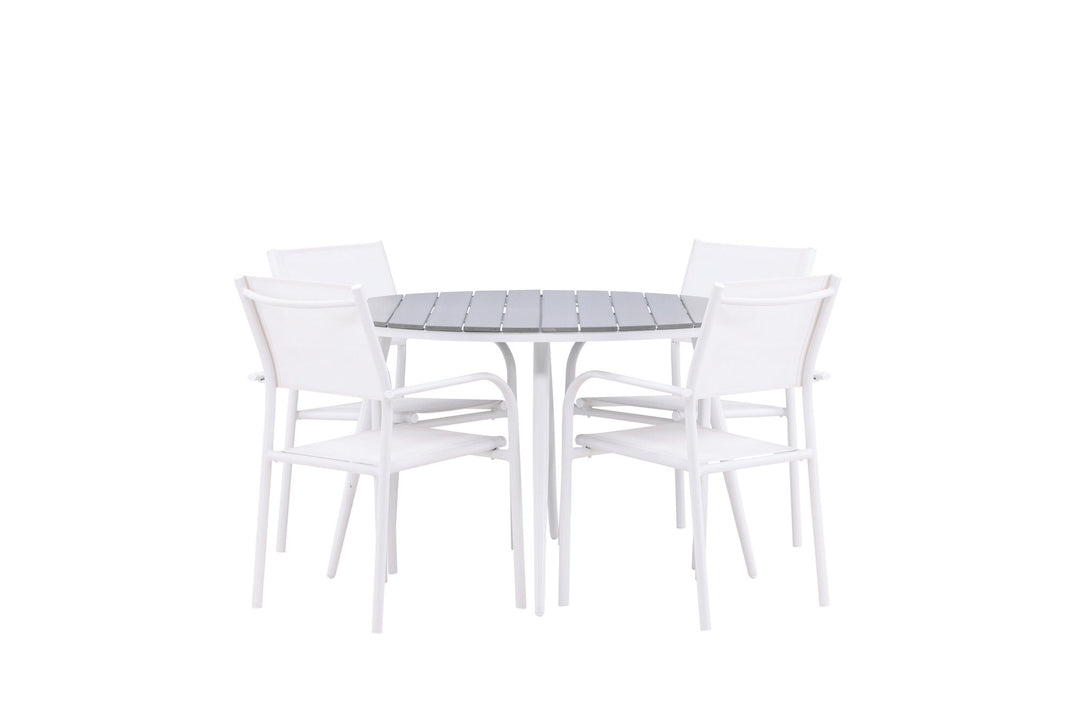 Venture Home Break - Dining Table Round- White / Grey - Alu / Aintwood - 120ø +Santorini Arm Chair (Stackable)  - White Alu / White Textilene _4