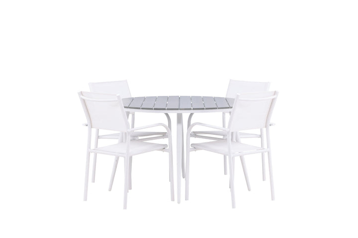 Venture Home Break - Dining Table Round- White / Grey - Alu / Aintwood - 120ø +Santorini Arm Chair (Stackable)  - White Alu / White Textilene _4