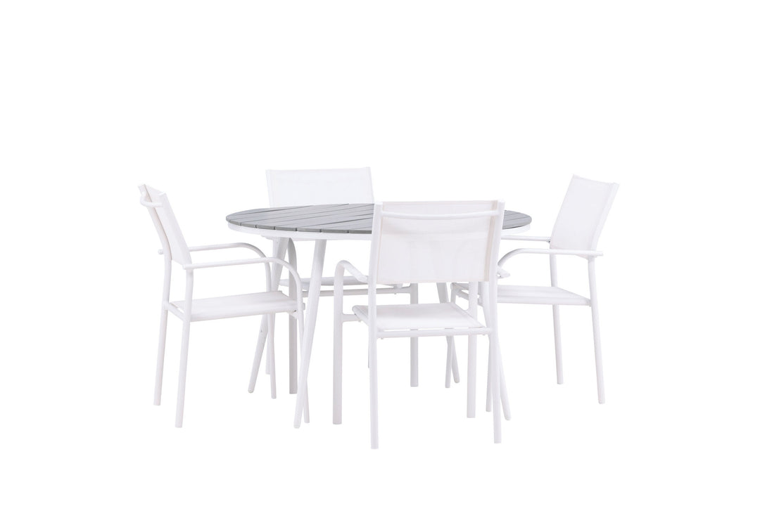 Venture Home Break - Dining Table Round- White / Grey - Alu / Aintwood - 120ø +Santorini Arm Chair (Stackable)  - White Alu / White Textilene _4