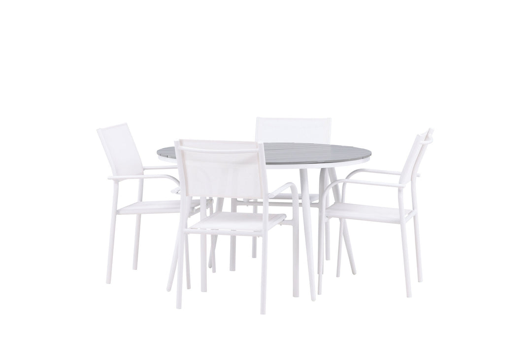 Venture Home Break - Dining Table Round- White / Grey - Alu / Aintwood - 120ø +Santorini Arm Chair (Stackable)  - White Alu / White Textilene _4