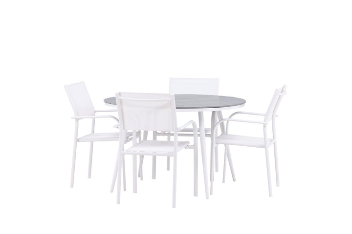 Venture Home Break - Dining Table Round- White / Grey - Alu / Aintwood - 120ø +Santorini Arm Chair (Stackable)  - White Alu / White Textilene _4