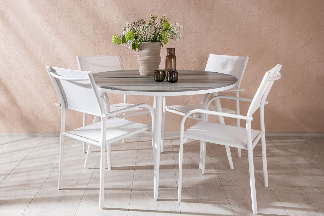 Venture Home Break - Dining Table Round- White / Grey - Alu / Aintwood - 120ø +Santorini Arm Chair (Stackable)  - White Alu / White Textilene _4