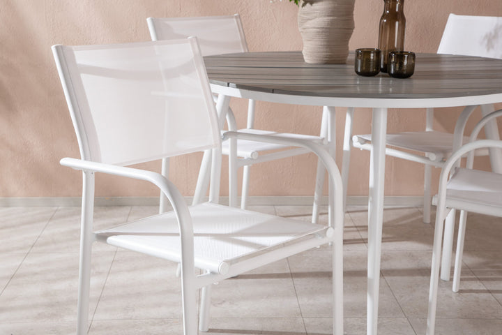 Venture Home Break - Dining Table Round- White / Grey - Alu / Aintwood - 120ø +Santorini Arm Chair (Stackable)  - White Alu / White Textilene _4