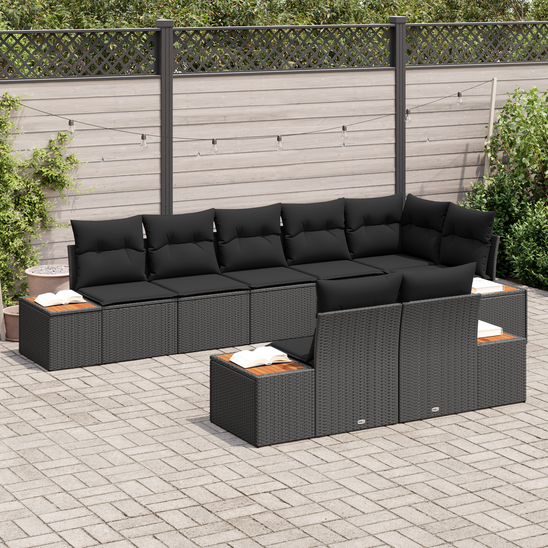 Havesofa Sæt med pude med opbevaring 8 pcs Sort Polyrattan
