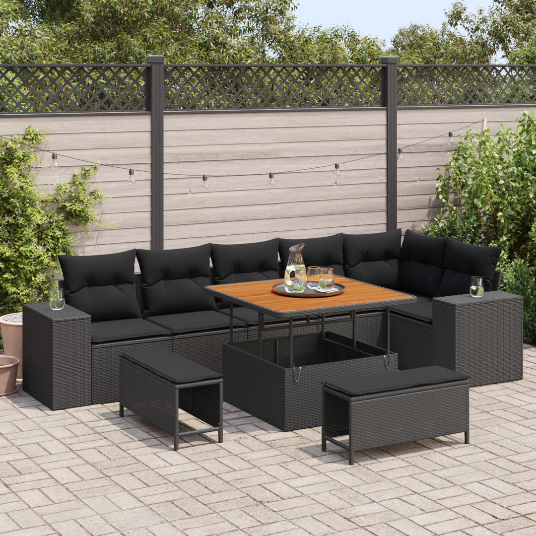 Havesofa Sæt med pude 9 pcs Sort polyrattan
