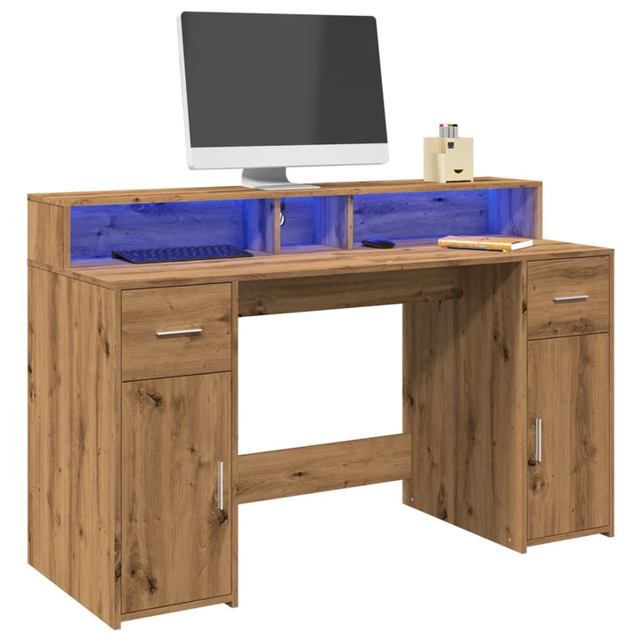 skrivebord med LED-lys 140x155x91 cm konstrueret træ gammelt eg
