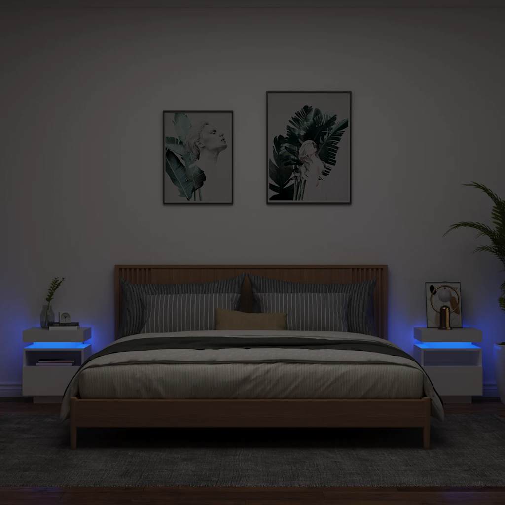 sengeborde 2 stk. med LED-lys 40x39x48,5 cm hvid