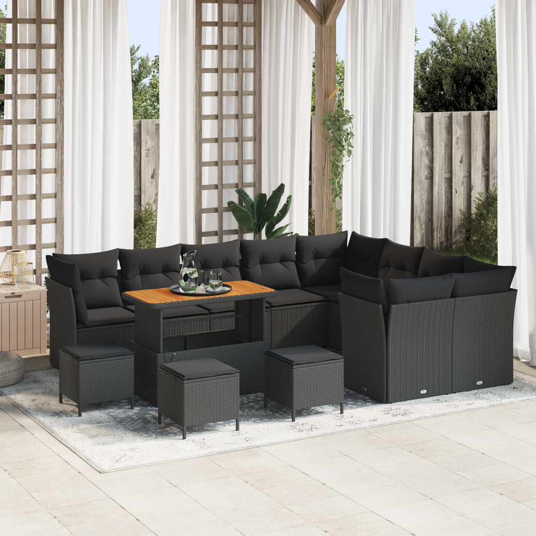 Havesofa Sæt 13 pcs Sort Polyrattan og pulverlakeret stål