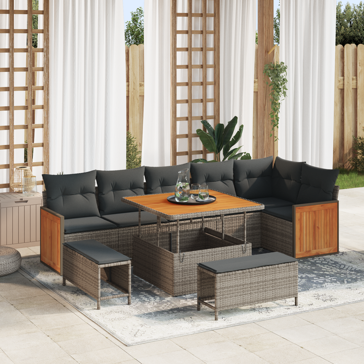 Havesofa Sæt 9 pcs Grå Poly Rattan og pulverlakeret stål