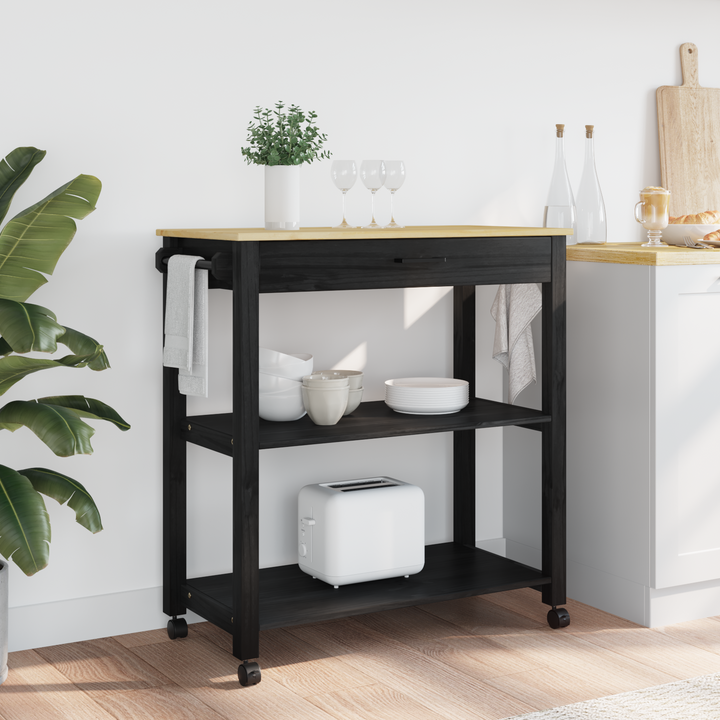 Køkkenvogn MONZA Sort 84 x 40 x 88,5 cm Massivt fyrretræ