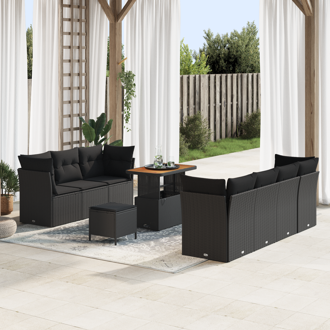 Havesofa Sæt 10 pcs Sort Polyrattan og pulverlakeret stål