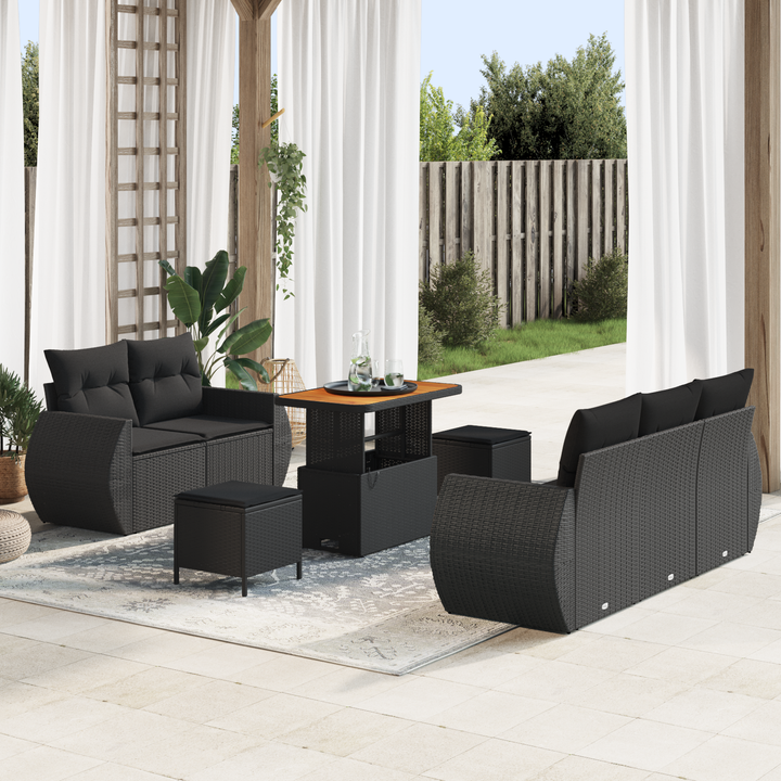 Havesofa Sæt med pude med opbevaring 8 pcs Sort polyrattan